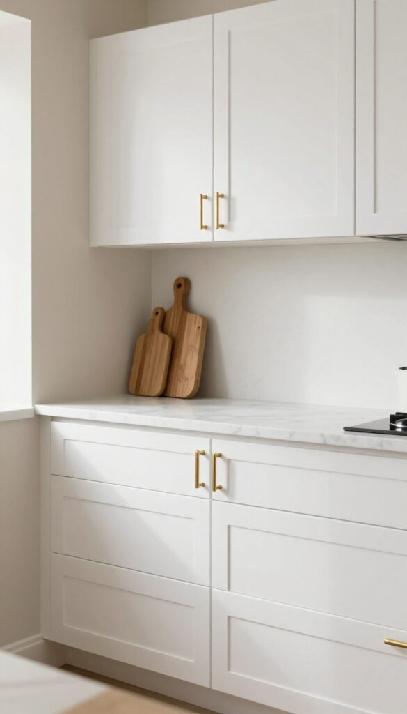 Neutral kitchen with white cabinets and warm brass hardware