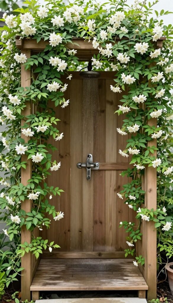 Outdoor shower with wooden trellis and climbing vine privacy screen in a backyard setting, showcasing lush greenery for natural elegance and seclusion.