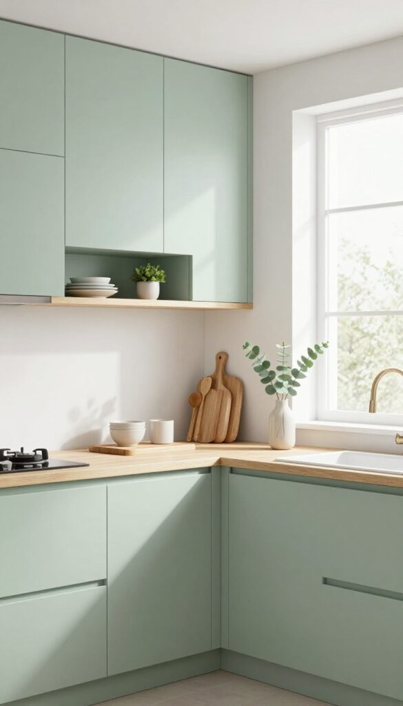 Soft green lower cabinets with white uppers and natural wood accents in a bright kitchen.