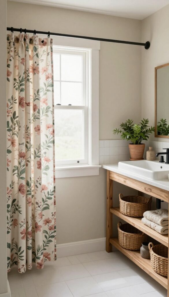 Rustic floral print shower curtain in a bright farmhouse bathroom with natural light and botanical decor.