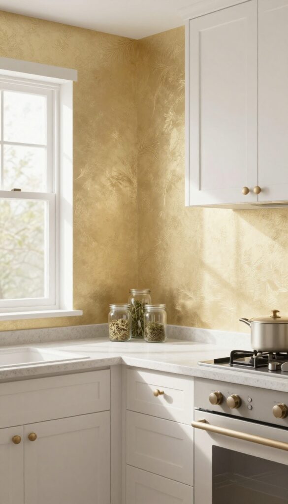 Kitchen with metallic gold wallpaper backsplash behind stove, neutral cabinetry, natural light