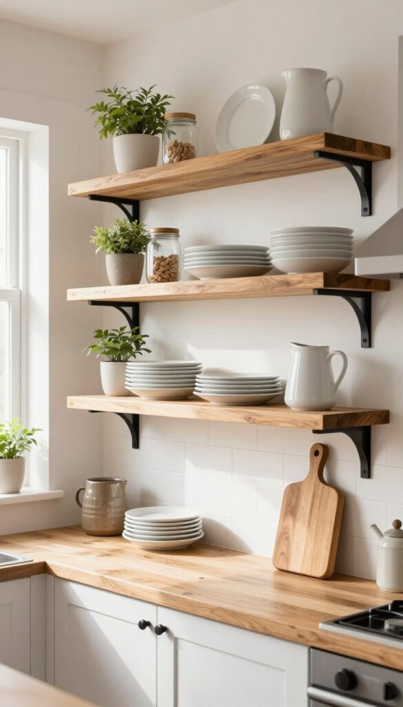 Farmhouse kitchen with open wooden shelving displaying dishes and decor