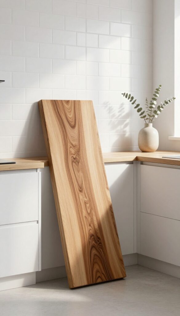 Large wooden cutting board leaned against kitchen backsplash as decor