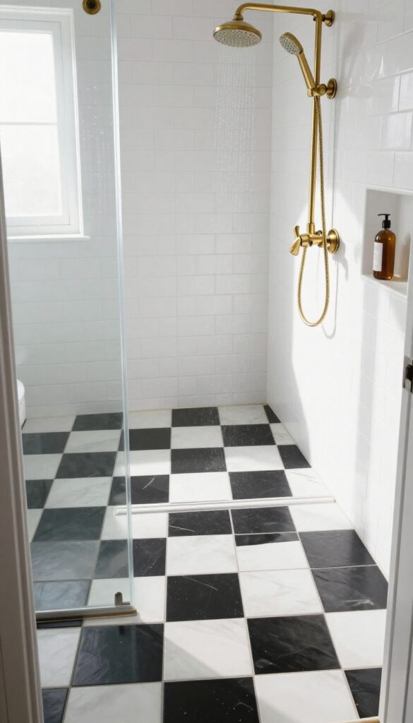 Modern shower with black and white checkerboard floor tiles and brass fixtures