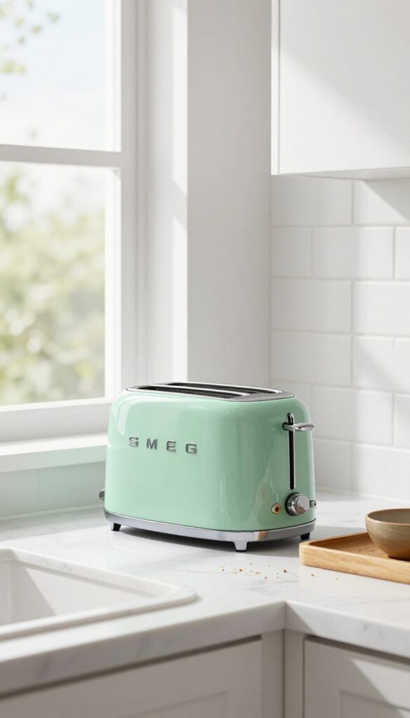 A pastel green Smeg toaster on a white marble countertop near a window, styled as a sculptural piece in a minimalist kitchen.