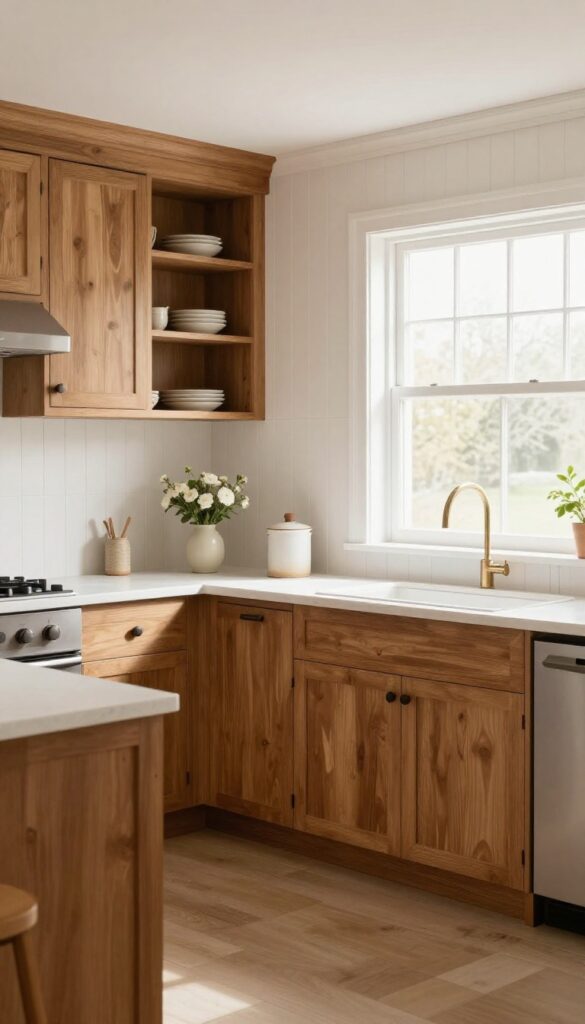 Kitchen with brown cabinets and white beadboard backsplash, cottage style, bright natural light