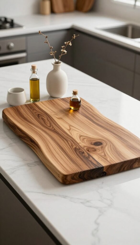 A large wooden cutting board on a kitchen island holding a vase, oil bottles, and a salt cellar.