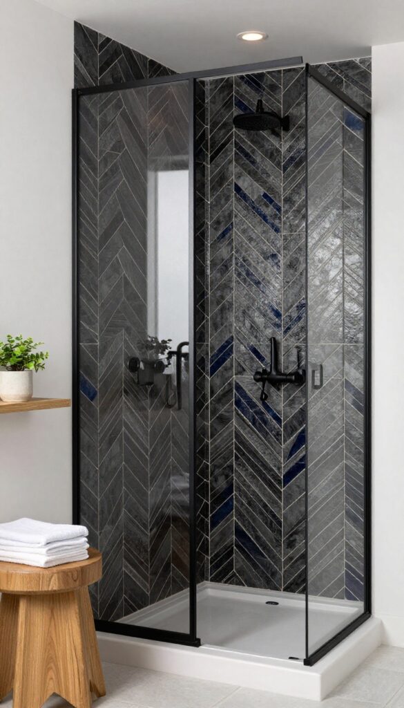 Modern bathroom shower with dark geometric tile patterns in charcoal and navy, featuring hexagonal designs, light grout, matte black fixtures, and warm wood accents in bright natural light.