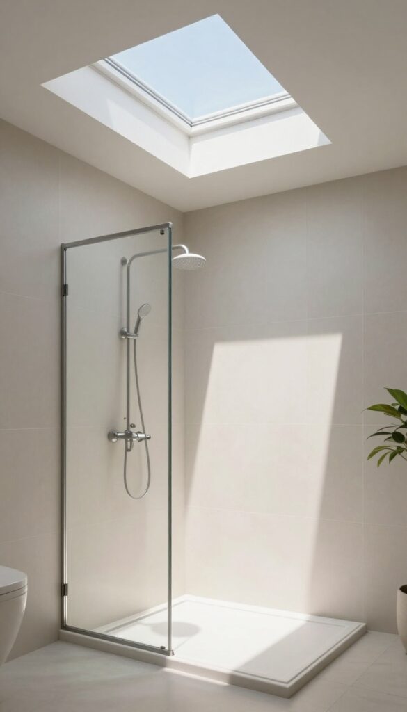 A modern bathroom shower with a skylight or solar tube on the ceiling, showcasing natural daylight illuminating light-colored tiles and plants in a clean, spa-like setting.