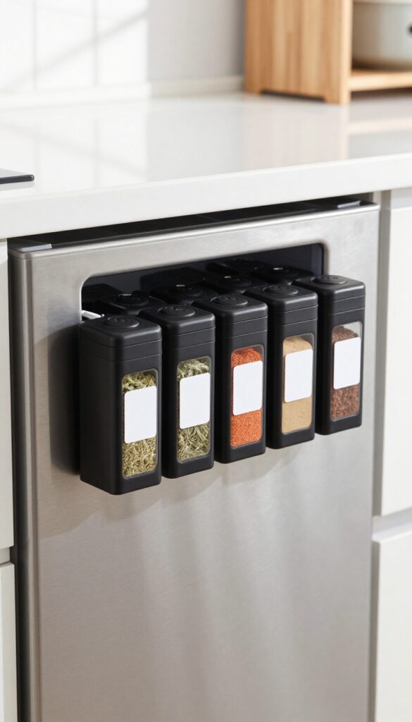 Magnetic spice tins attached to the side of a refrigerator