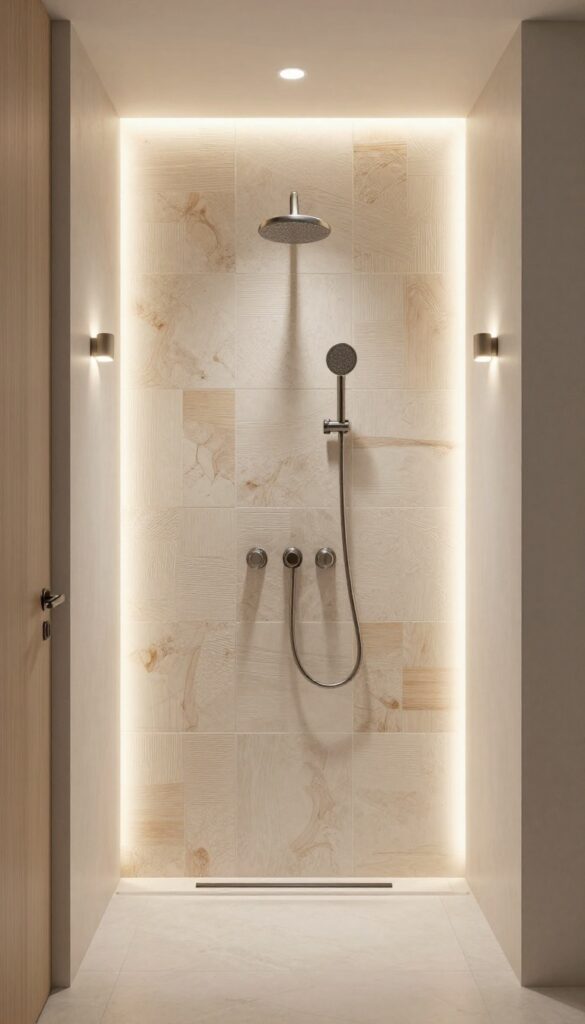 A quadrant shower room with dimmable sconces providing adjustable lighting to enhance ambiance and highlight textures.