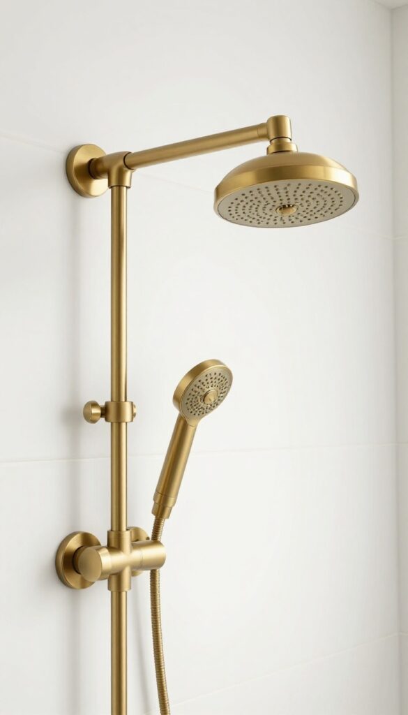 Close-up of warm brushed brass shower fixtures in a white-tiled stand-up shower, highlighting an instant luxe upgrade with natural lighting.