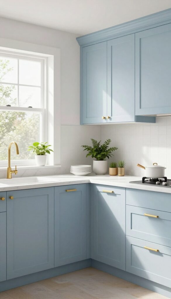 Pale blue kitchen cabinets with marble countertops and brass hardware in a bright, airy space