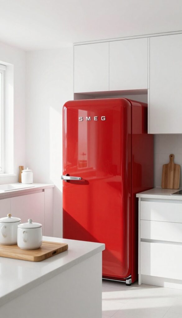 A bright kitchen with a bold red Smeg fridge as an accent against a white wall.