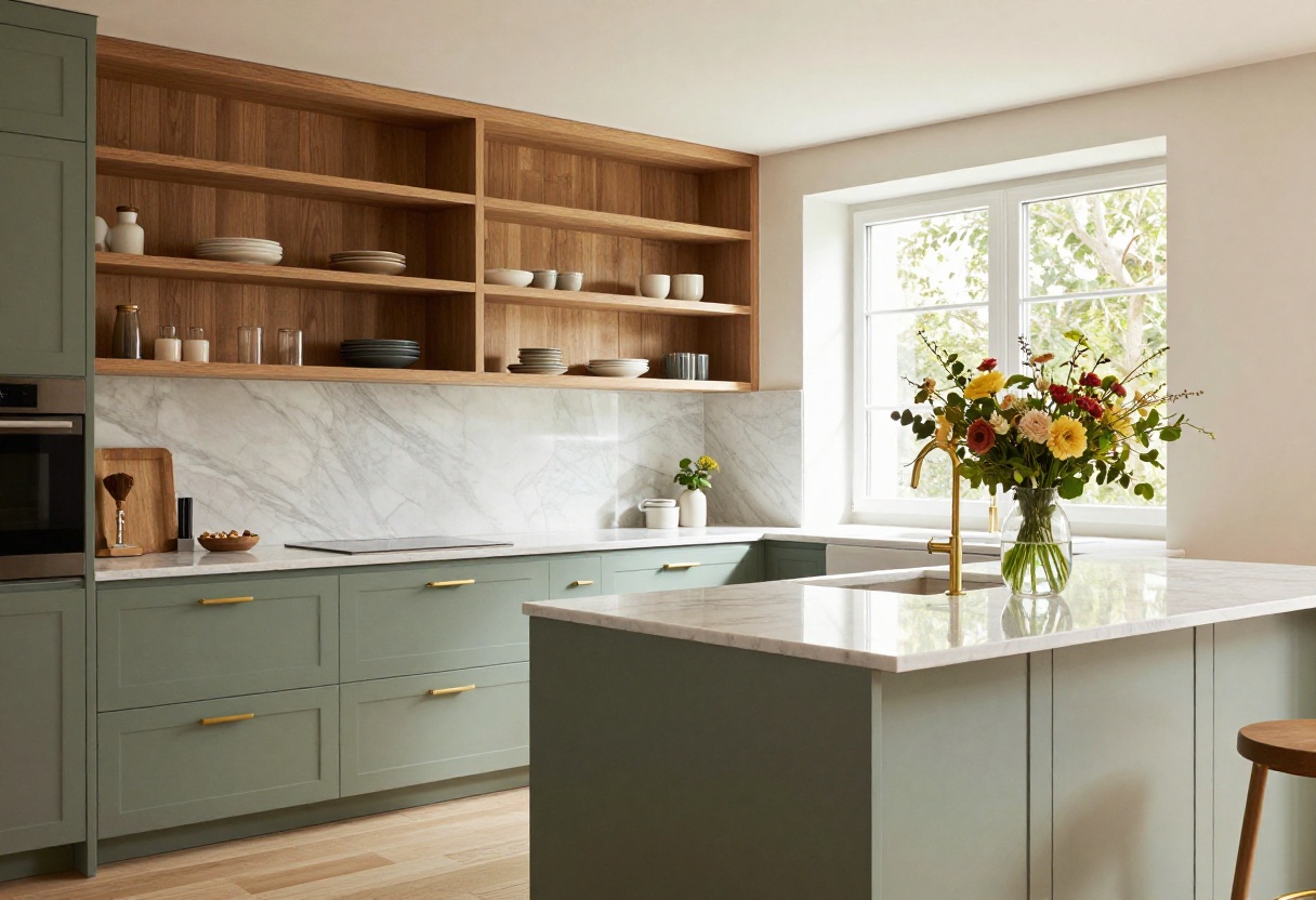 Bright modern kitchen with green cabinets, wood shelves, marble backsplash, and brass accents