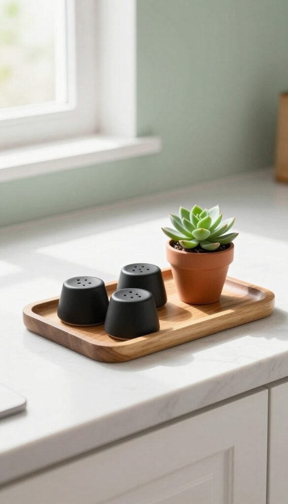 A decorative salt and pepper set on a small wooden tray in a kitchen counter corner, with a tiny plant for added texture.