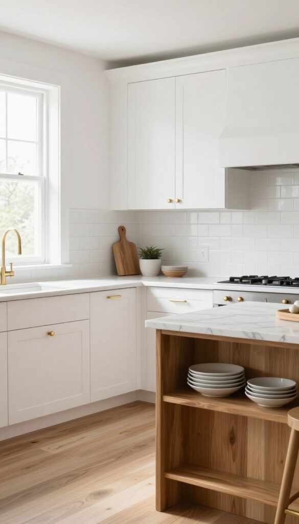 Bright kitchen with white shaker cabinets, brass hardware, subway tile backsplash, butcher block island, and natural wood flooring.