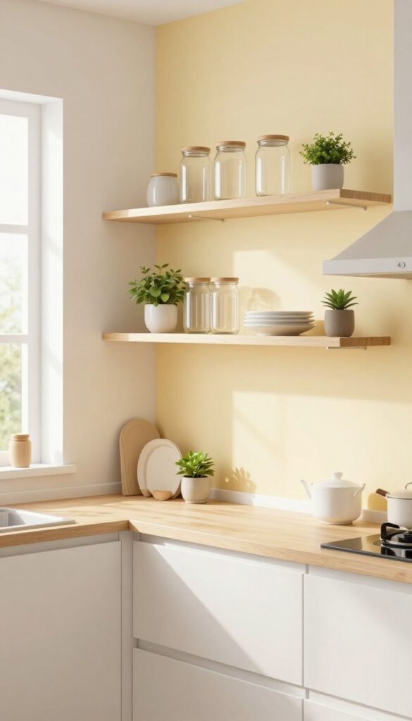 Butter yellow backsplash behind open shelving in a small kitchen with white dishes and green plants