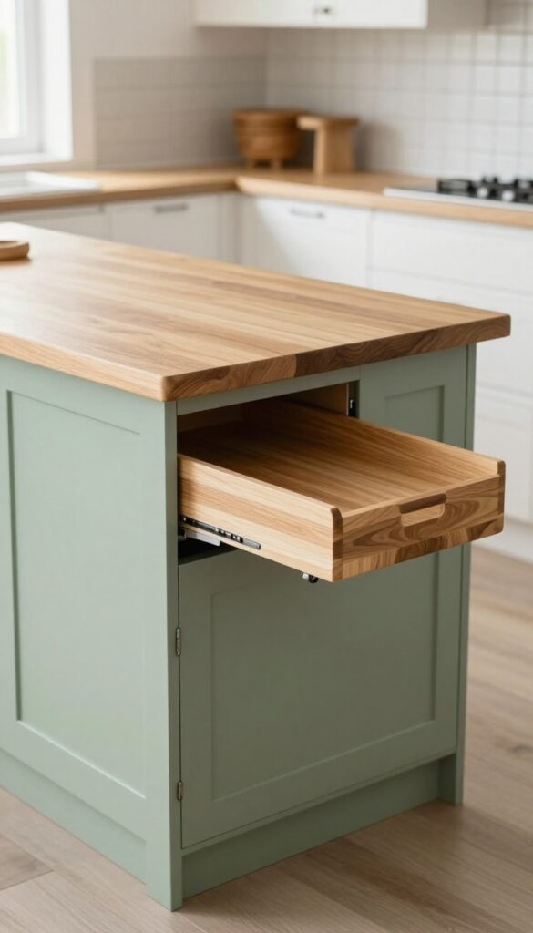 Kitchen island with pull-out cutting board and hidden trash bin, stools on opposite side, bright natural light