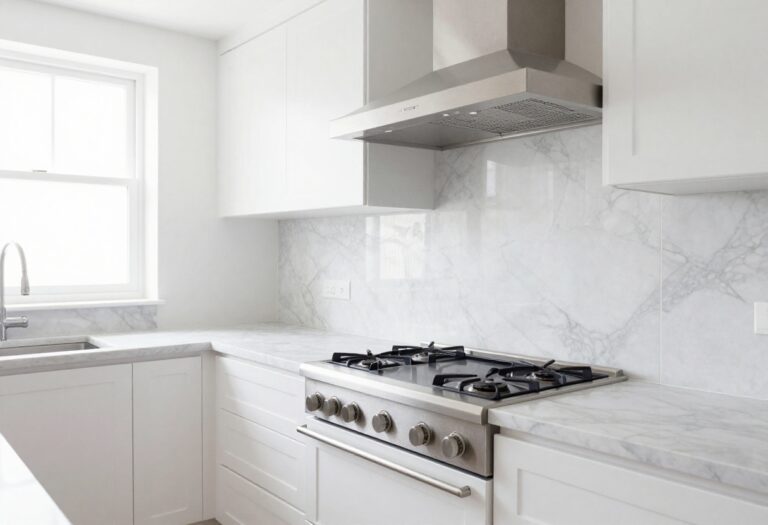 Modern kitchen with sleek under-cabinet vent hood and white shaker cabinets