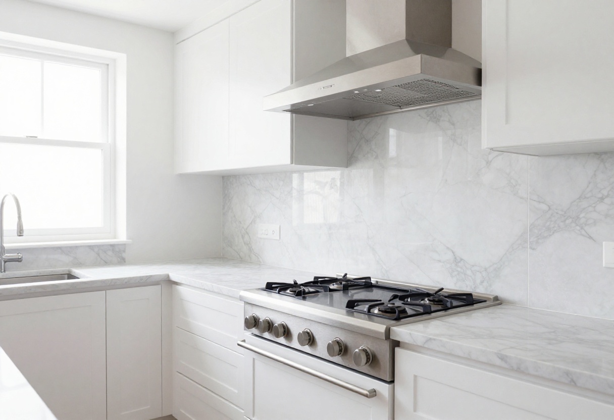 Modern kitchen with sleek under-cabinet vent hood and white shaker cabinets