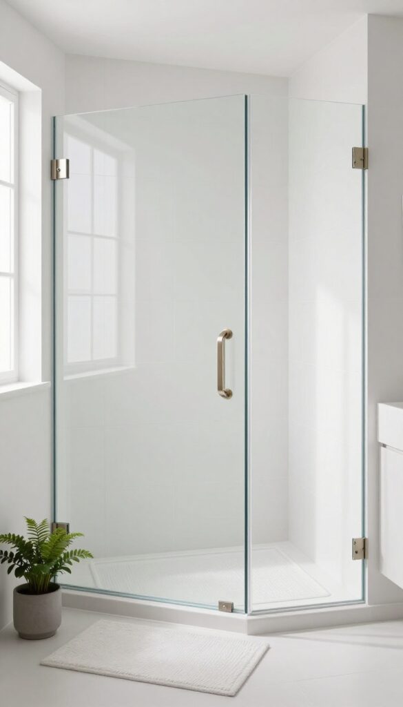 A bright, airy white tile shower with a frameless glass door, brushed nickel handles, textured bath mat, and potted plants in a modern bathroom.