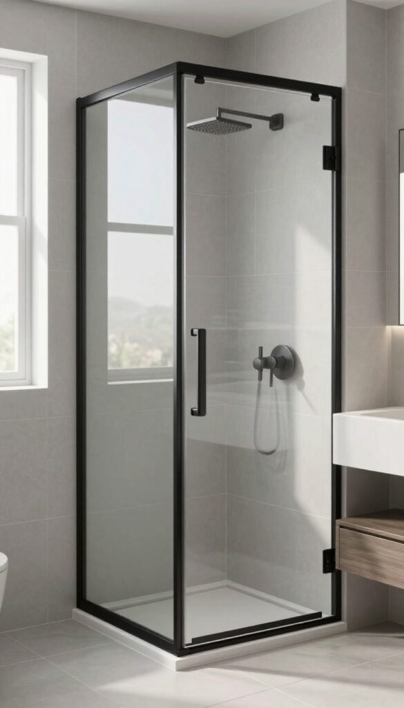 Small bathroom with pivot glass shower door open, matte black hinges, natural light, minimalist design