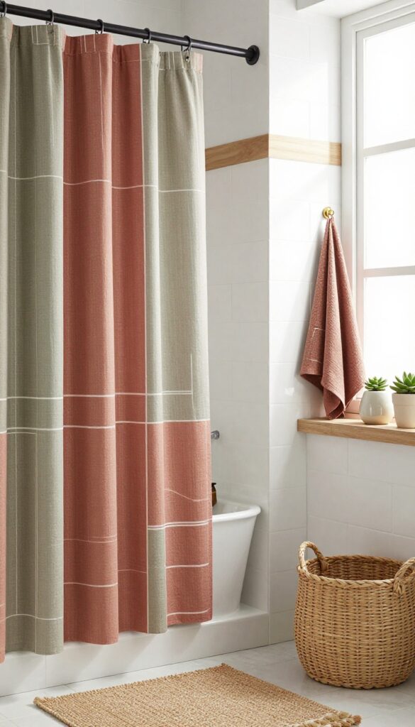 A boho-inspired bathroom with an earthy-toned geometric-patterned shower curtain in terracotta and sage, set against white tiles and natural materials like wood and jute.