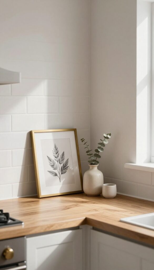 Cozy kitchen counter corner with a leaning framed botanical print, small vase, and salt cellar in natural light.