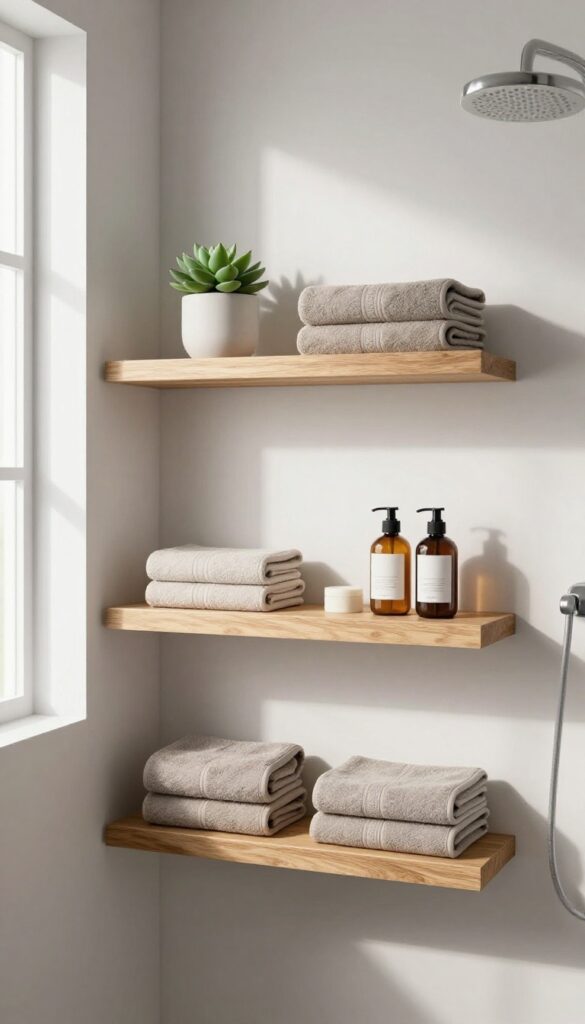 Floating shelves with towels and decor outside a single shower stall in a modern bathroom