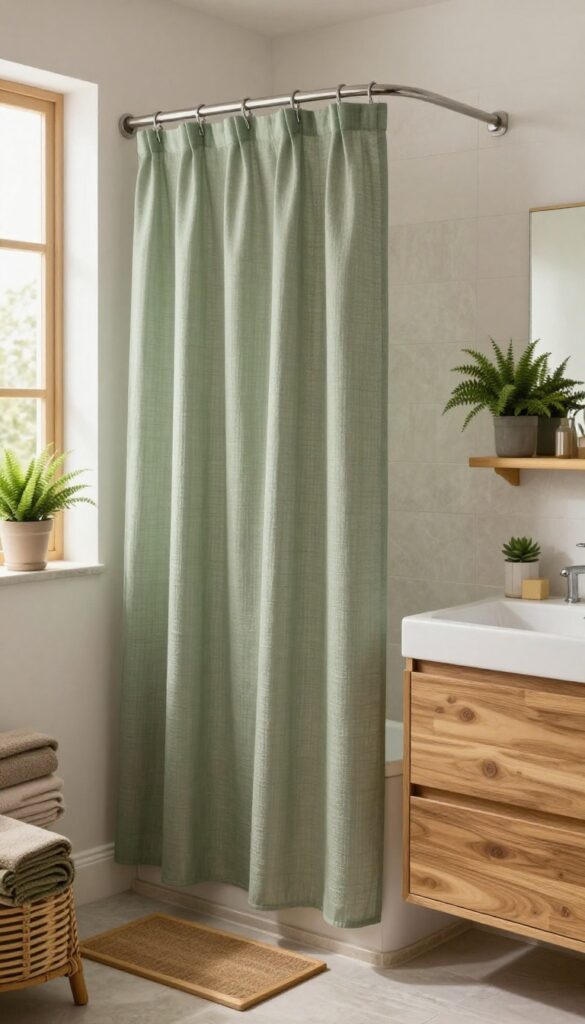 Extra long shower curtain in earthy tones with textured weave in a rustic modern bathroom setting