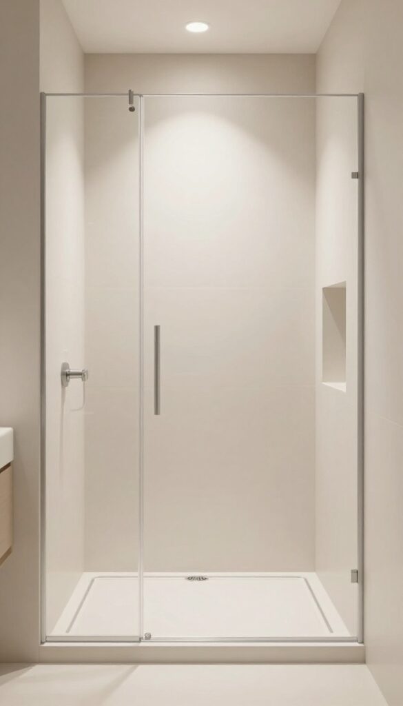 An empty walk-in shower space in a modern bathroom, highlighting layout considerations like size, drain position, wall depth, and storage niches before tile selection.