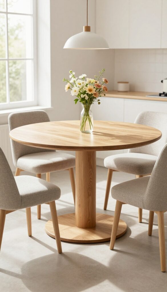 Round pedestal table in a corner of a small kitchen with chairs and stools, pendant light above, vase of flowers.