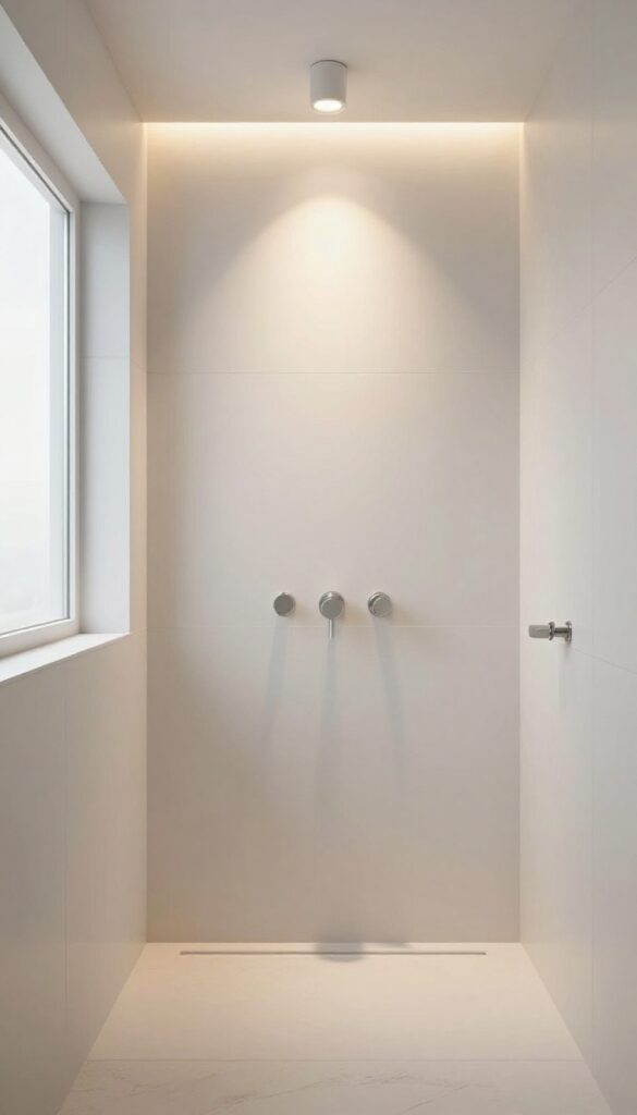 A photorealistic bathroom scene featuring statement lighting over a shower, with dimmable LEDs and a pendant creating ambiance in natural light.