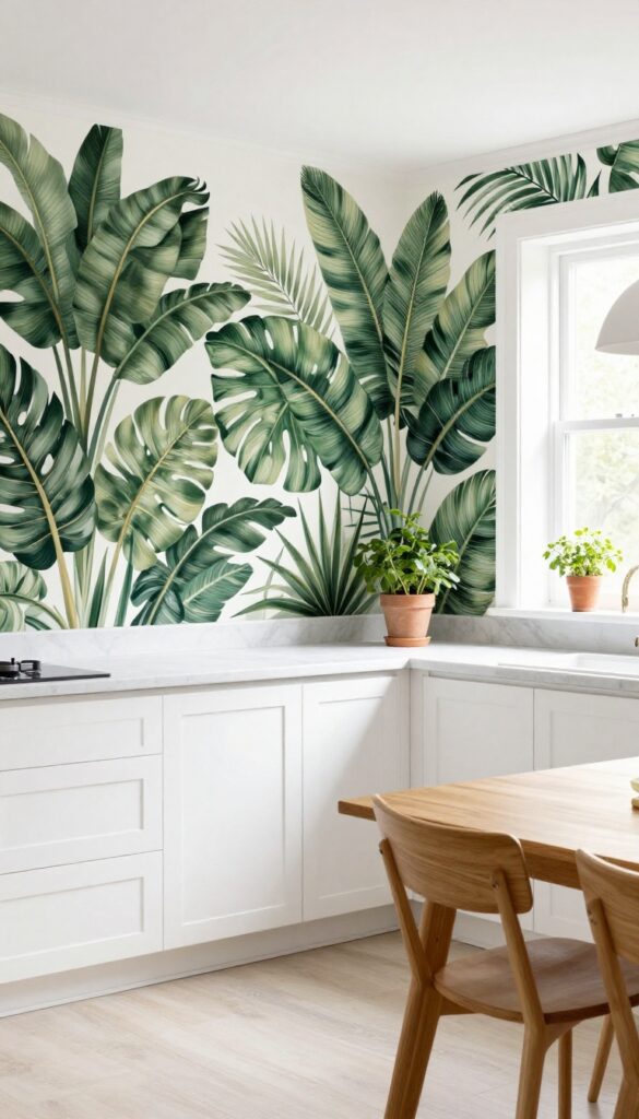 Kitchen with bold botanical wallpaper on one accent wall, minimal decor, natural light.