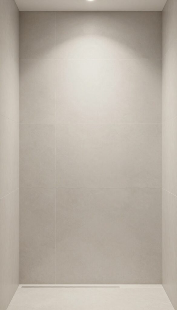 A minimalist walk-in shower with large-format tiles in neutral tones, emphasizing a clean and calm aesthetic for bathroom inspiration.