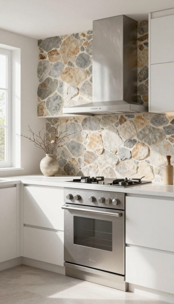 Modern kitchen with textured stone veneer splashback behind range, white cabinets and quartz countertops, natural light.
