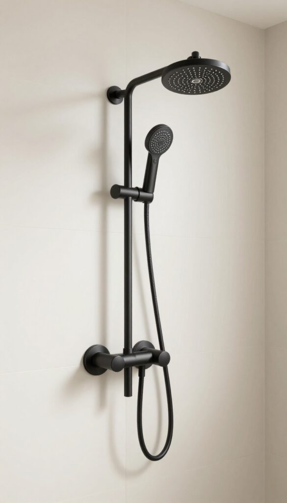 A standing shower with matte black hardware for contrast in a bright, neutral bathroom.
