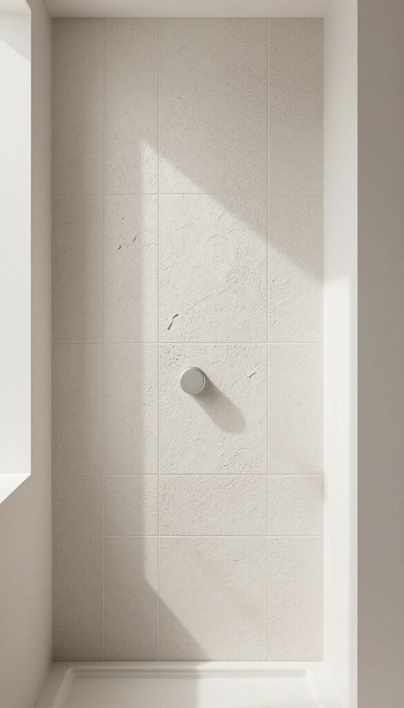A textured tile accent wall in a bathroom shower half wall, showcasing handmade ceramic tiles with natural variations in bright natural light, creating visual interest and depth in a clean, inviting space.