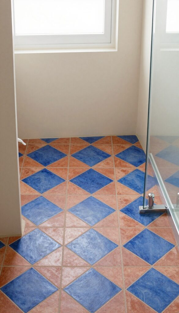 Geometric cement tile shower floor with blue and terracotta pattern