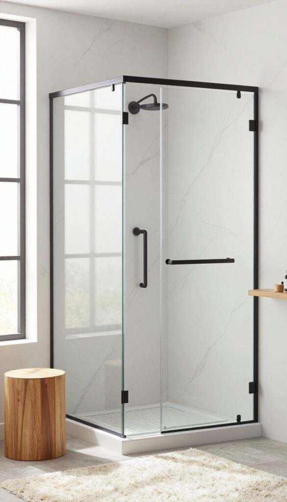 A luxurious walk-in shower with white marble walls highlighted by dramatic black veining, featuring matte black fixtures and warm wood accents in bright natural light