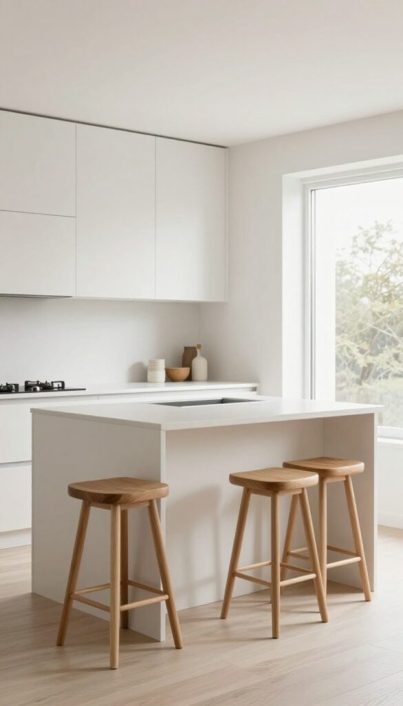 Kitchen peninsula with overhang seating and deep drawers for storage