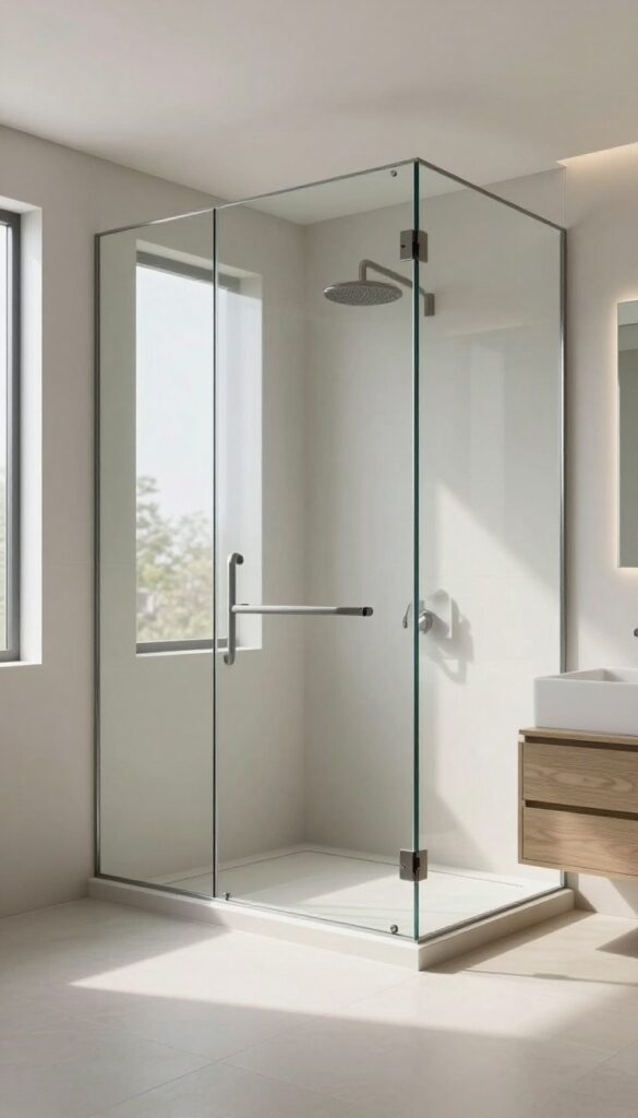 A modern bathroom with a frameless glass curbless shower in bright natural light, showcasing clean design and open space.