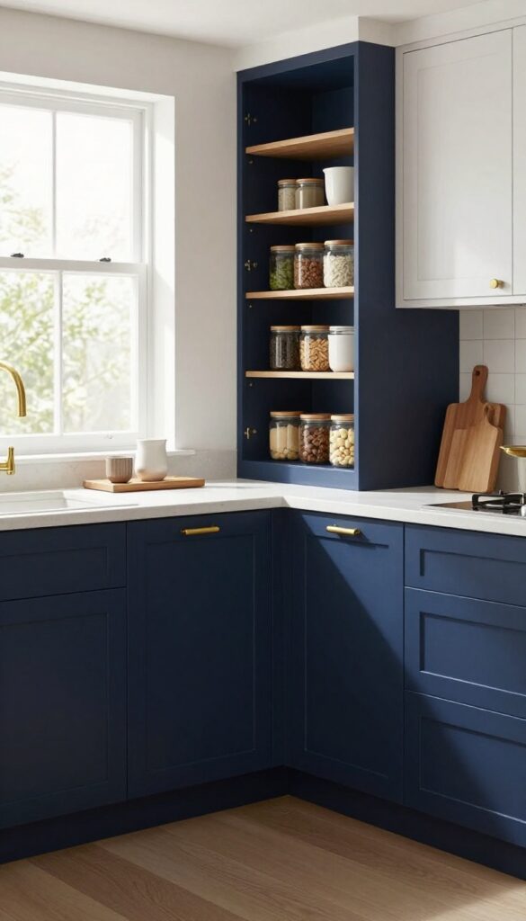 Kitchen with navy blue lower cabinets, pull-out pantry shelves, brass hardware, and light countertops in natural light.