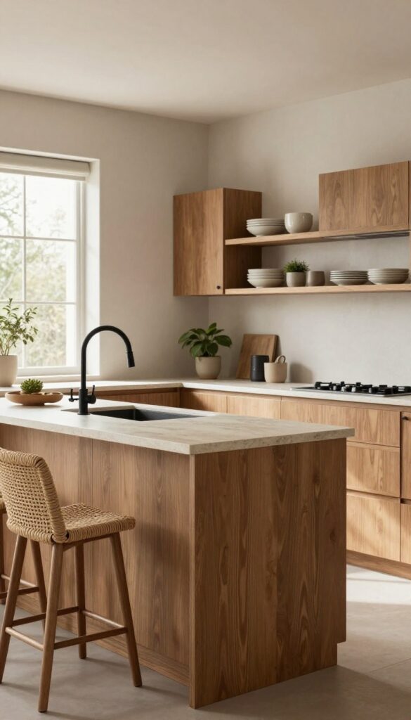 Earthy kitchen with matte black faucet and hardware against warm wood cabinets and stone countertop.