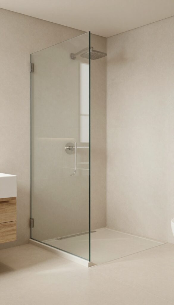 A seamless curbless shower in a modern bathroom with matching floor tiles extending into the shower area under natural light.