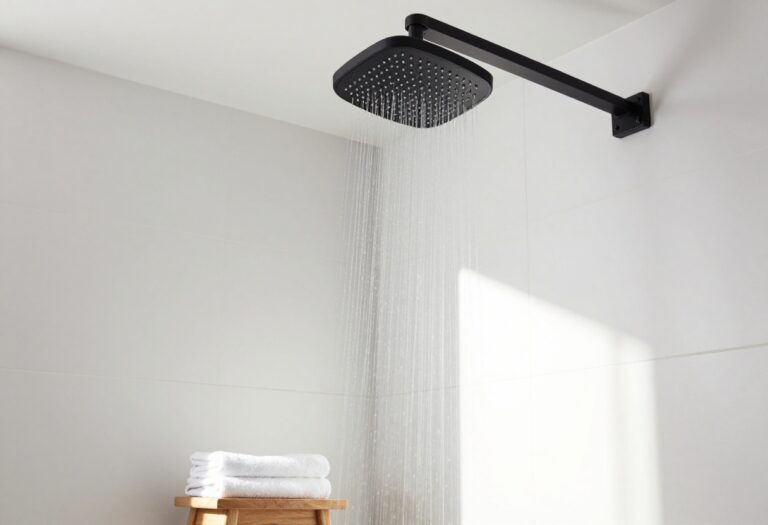 Modern bathroom with matte black rainfall showerhead and white tiles, showcasing stylish shower fixture ideas in a clean, inviting space.