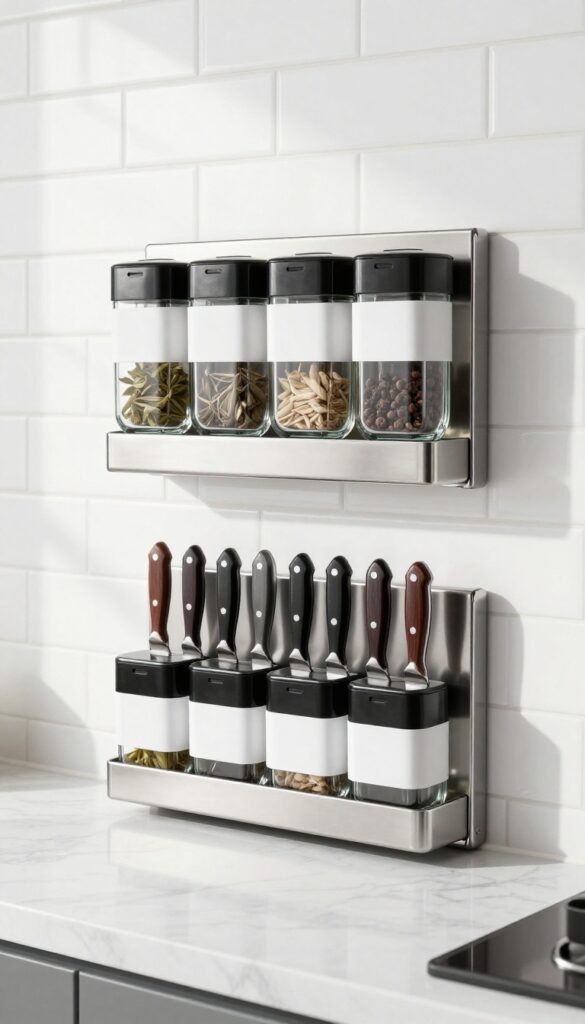 Magnetic knife strip on backsplash and magnetic spice rack on refrigerator side in bright kitchen