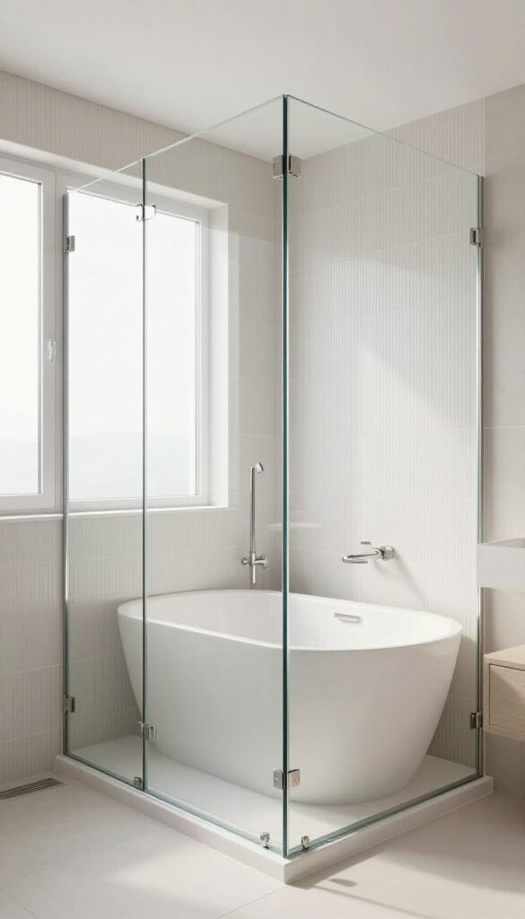 A modern bathroom featuring a tub-to-ceiling glass panel shower door with bright natural lighting and clean tile walls.