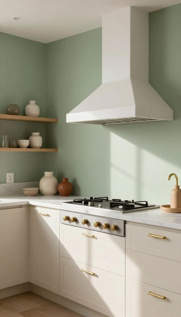 Sage green accent wall behind range in bright modern kitchen with brass hardware and white marble countertops.